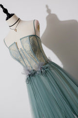 Prom Dress Princesses, Green Lovely Tulle Straps Long A-Line Prom Dresses, Green Evening Dresses