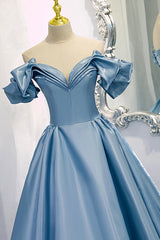 Party Dresses For Babies, Blue V-Neck Satin Long Prom Dress, Off the Shoulder Evening Dress