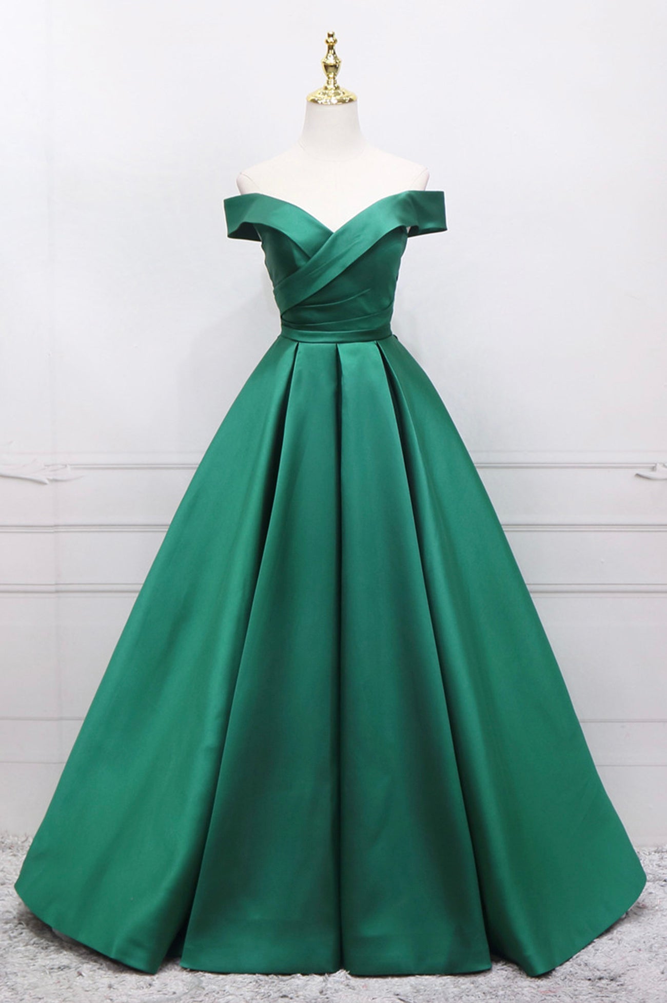 Prom Dresses With Short, Green Satin Long Prom Dress, Off the Shoulder Evening Party Dress