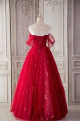Party Dress In Store, Red Tulle Long Prom Dresses, A-Line Off the Shoulder Formal Dresses