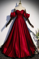 Formal Dress Website, Burgundy Satin Tulle Long Prom Dress, A-Line Sweetheart Neck Evening Dress