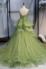 Prom Dress Pink, Green Tulle Long Prom Dresses, A-Line Evening Dresses with Train