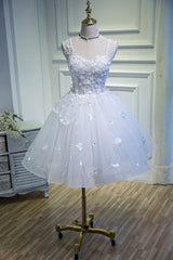 Party Dress Shiny, White Lace Short Prom Dress, White Mini Evening Party Dress