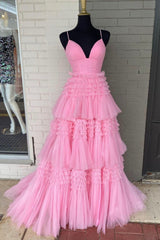 Bridesmaid Dresses Mismatched Winter, Pink V-Neck Layers Tulle Long Ball Gown, A-Line Spaghetti Strap Evening Dress