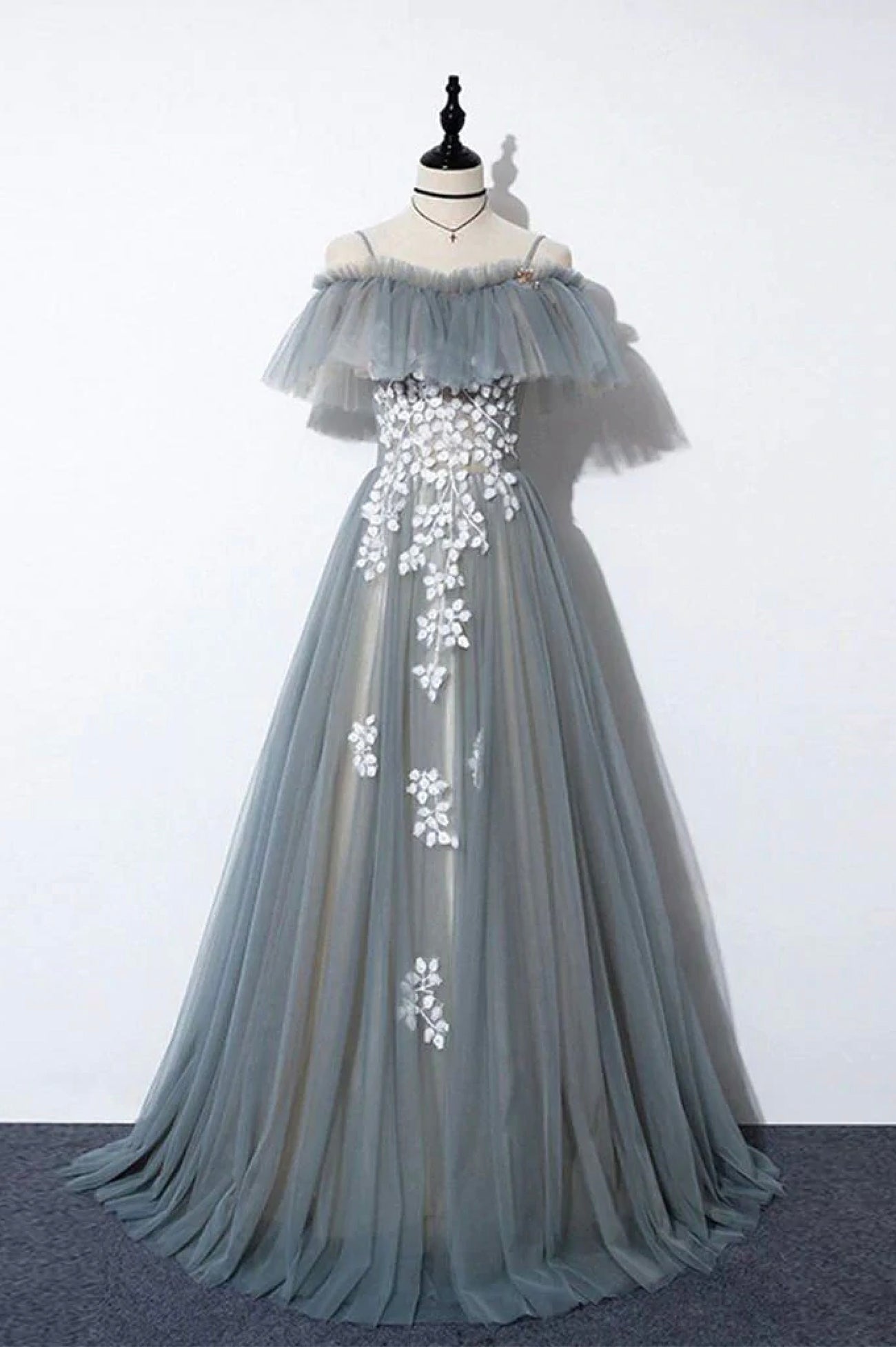 Prom Dresses Designer, Gray Tulle Lace Long Prom Dress, A-Line Evening Dress