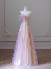 Party Dresses Express, Shiny Tulle Sequins Long Prom Dress, A-Line Off the Shoulder Evening Dress