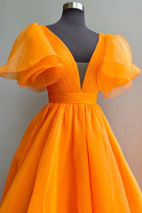 Bridesmaid Dresses Neutral, Orange Organza Long A-Line Prom Dress, Beautiful V-Neck Evening Dress