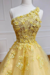 Party Dress Modest, Yellow Lace One Shoulder Evening Dress, A-Line Tulle Long Prom Dress