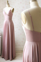 Beach Wedding, Pink V-Neck Satin Long Prom Dress, A-Line Evening Dress