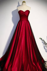 Formal Dress Store Near Me, Burgundy Satin Tulle Long Prom Dress, A-Line Sweetheart Neck Evening Dress