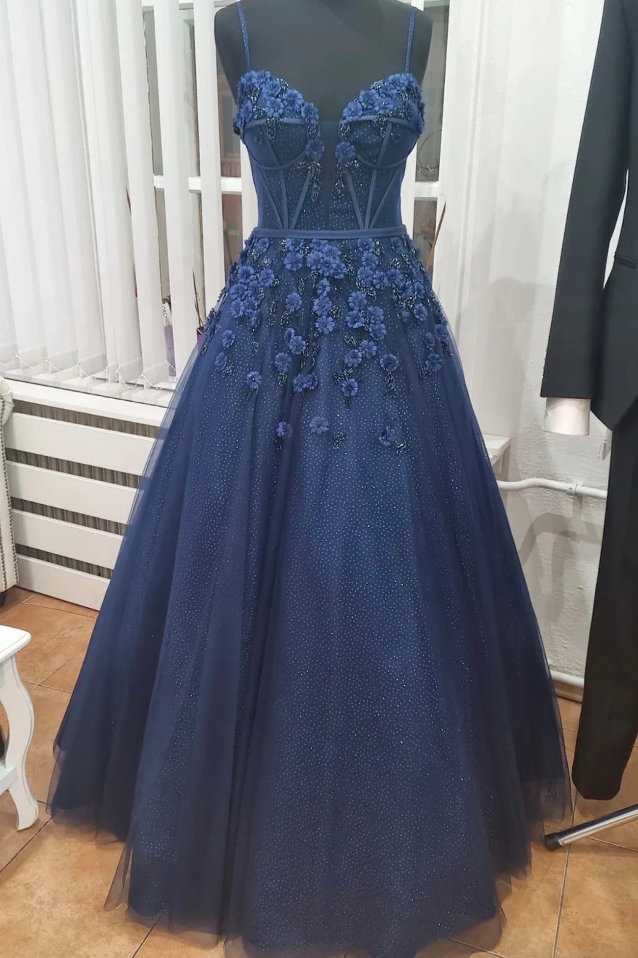 Party Dress Shops, Blue Spaghetti Strap Tulle Appliqu¡§|d Long A-Line Prom Dress