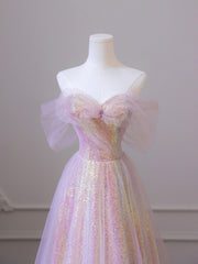 Party Dress Express, Shiny Tulle Sequins Long Prom Dress, A-Line Off the Shoulder Evening Dress