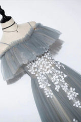 Prom Dress Design, Gray Tulle Lace Long Prom Dress, A-Line Evening Dress