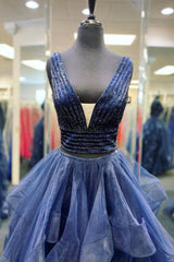 Party Dresses For 38 Year Olds, Blue Tulle Beading Long Prom Dresses, A-Line Two Pieces Evening Dresses