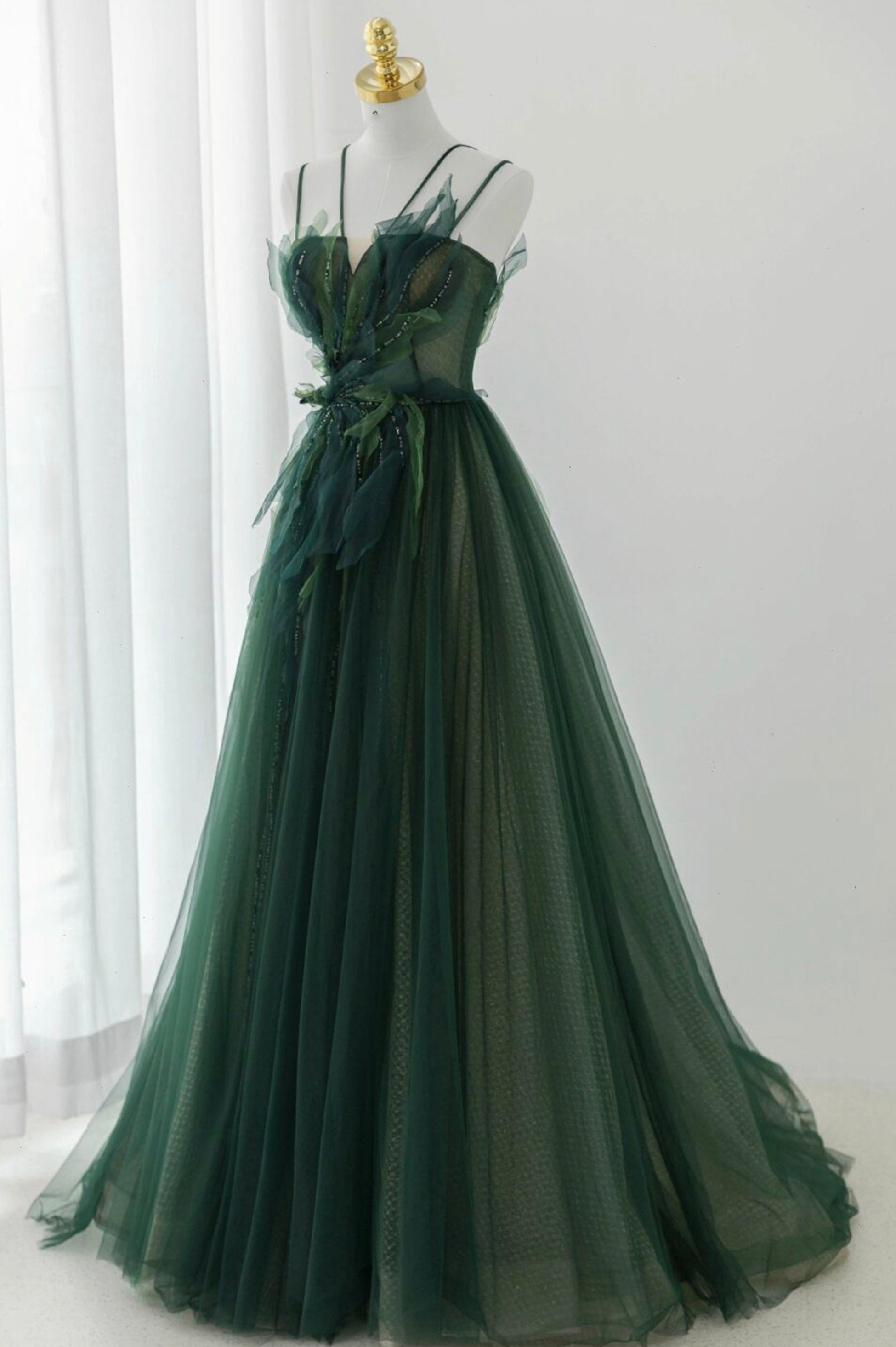 Prom Dress Black, Green Tulle Long A-Line Prom Dress, Green Formal Evening Dress