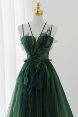 Prom Dressed Black, Green Tulle Long A-Line Prom Dress, Green Formal Evening Dress