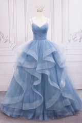 Dress Casual, Blue V-Neck Tulle Long Formal Gown, A-Line Blue Evening Dress