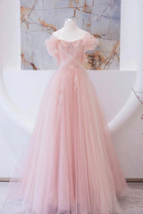 Bridesmaids Dress Pink, Pink Tulle Beaded Long Prom Dress, A-Line Evening Party Dress