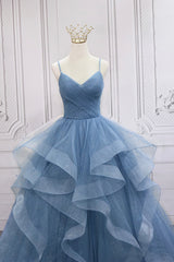 Dressy Outfit, Blue V-Neck Tulle Long Formal Gown, A-Line Blue Evening Dress