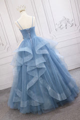 Modest Dress, Blue V-Neck Tulle Long Formal Gown, A-Line Blue Evening Dress