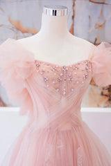 Bridesmaid Dresses Pinks, Pink Tulle Beaded Long Prom Dress, A-Line Evening Party Dress