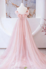 Bridesmaid Dress Pink, Pink Tulle Beaded Long Prom Dress, A-Line Evening Party Dress