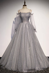 Prom Dress Boutique, Gray Tulle Sequins Long Prom Dress, Long Sleeve Evening Dress