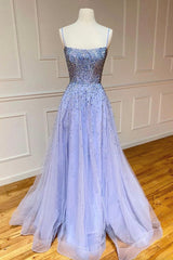 Party Dresses Night Out, Stylish Tulle Pearl Long Prom Dresses,  A-Line Backless Evening Party Dresses