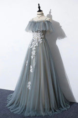 Prom Dress Designers, Gray Tulle Lace Long Prom Dress, A-Line Evening Dress