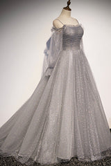 Prom Dresses Colorful, Gray Tulle Sequins Long Prom Dress, Long Sleeve Evening Dress