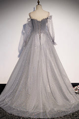 Prom Dress Color, Gray Tulle Sequins Long Prom Dress, Long Sleeve Evening Dress