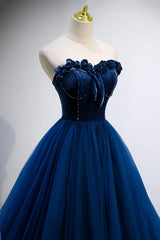 Prom Dress Blue, Blue Velvet Tulle Long Prom Dresses, A-Line Strapless Evening Dresses