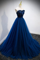 Night Dress, Blue Velvet Tulle Long Prom Dresses, A-Line Strapless Evening Dresses