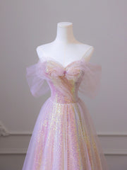 Party Dress And Style, Shiny Tulle Sequins Long Prom Dress, A-Line Off the Shoulder Evening Dress