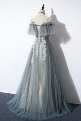 Prom Dresses Designers, Gray Tulle Lace Long Prom Dress, A-Line Evening Dress