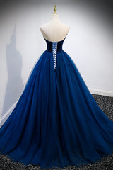 Black Formal Dress, Blue Velvet Tulle Long Prom Dresses, A-Line Strapless Evening Dresses