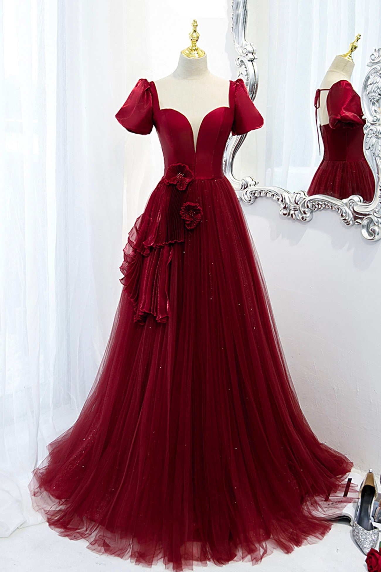 Prom Dressed Two Piece, A-Line Satin Tulle Long Prom Dresses, Burgundy Evening Dresses