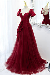 Prom Dress Two Pieces, A-Line Satin Tulle Long Prom Dresses, Burgundy Evening Dresses