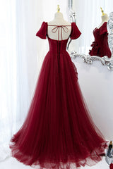 Prom, A-Line Satin Tulle Long Prom Dresses, Burgundy Evening Dresses