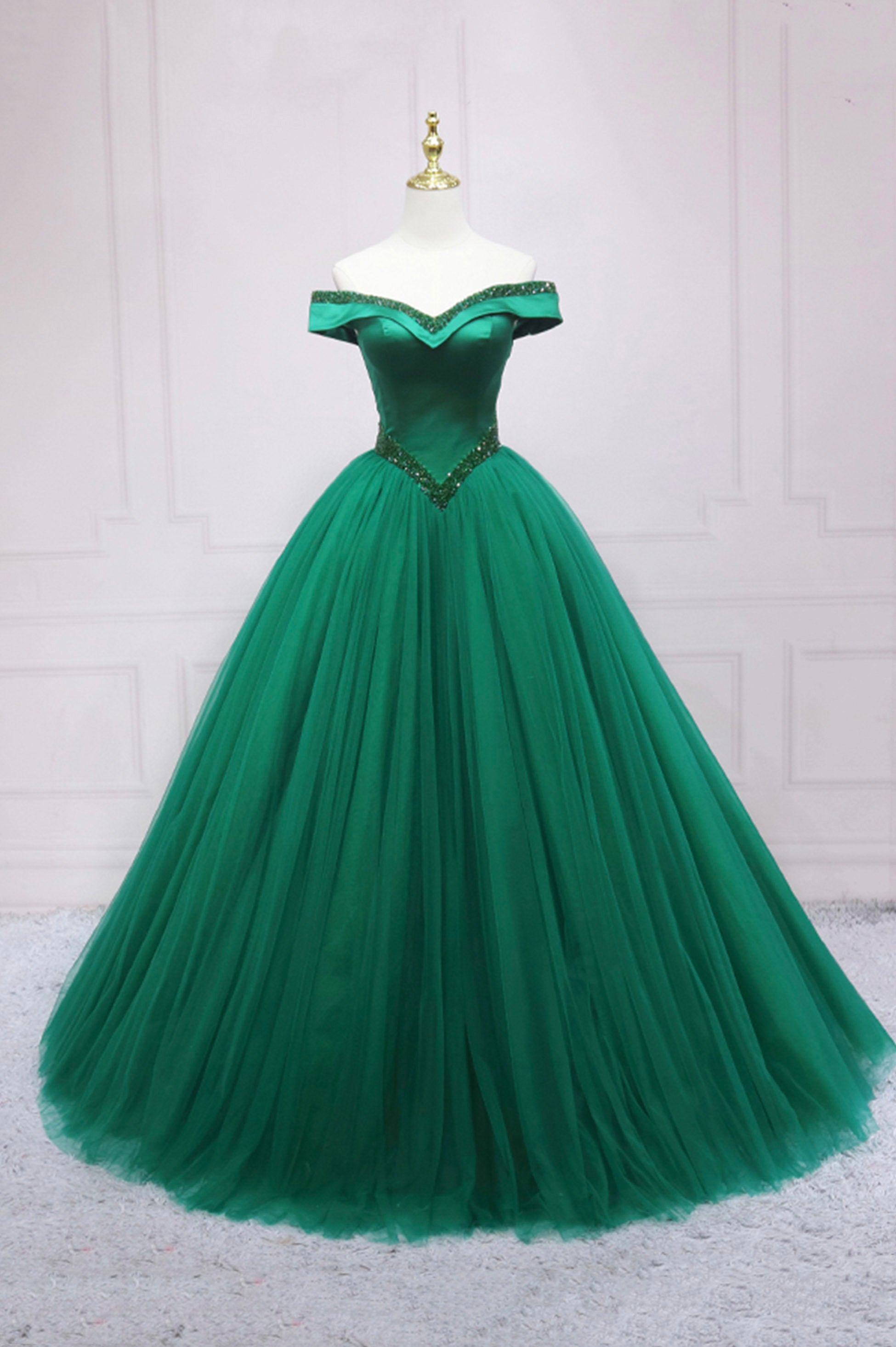 Prom Dresses Sleeve, Green Tulle Long A-Line Ball Gown, Off the Shoulder Evening Dress