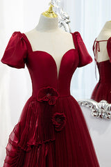 Formal Dress, A-Line Satin Tulle Long Prom Dresses, Burgundy Evening Dresses