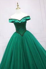 Prom Dress Sleeves, Green Tulle Long A-Line Ball Gown, Off the Shoulder Evening Dress