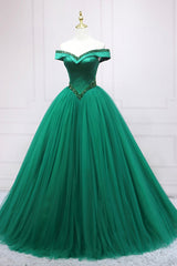 Prom Dress 21, Green Tulle Long A-Line Ball Gown, Off the Shoulder Evening Dress