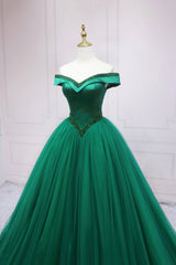 Prom Dresses 21, Green Tulle Long A-Line Ball Gown, Off the Shoulder Evening Dress