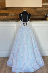 Prom Dresses White And Gold, A-Line Sequins Long Prom Dresses, White Formal Evening Dresses