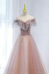 Bridesmaids Dress Beach, Pink Tulle Beaded Long Formal Dress, Pink V-Neck Prom Dress