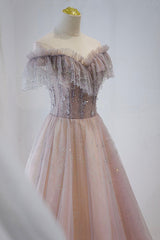 Bridesmaid Dress Beach, Pink Tulle Beaded Long Formal Dress, Pink V-Neck Prom Dress