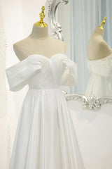 Party Dress For Christmas Party, White Satin Long Prom Dress, Off the Shoulder Evening Dress