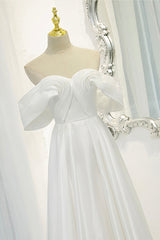 Party Dresses For Christmas Party, White Satin Long Prom Dress, Off the Shoulder Evening Dress