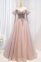 Bridesmaid Dresses Mismatched Spring Wedding Colors, Pink Tulle Beaded Long Prom Dress, Off the Shoulder Evening Dress